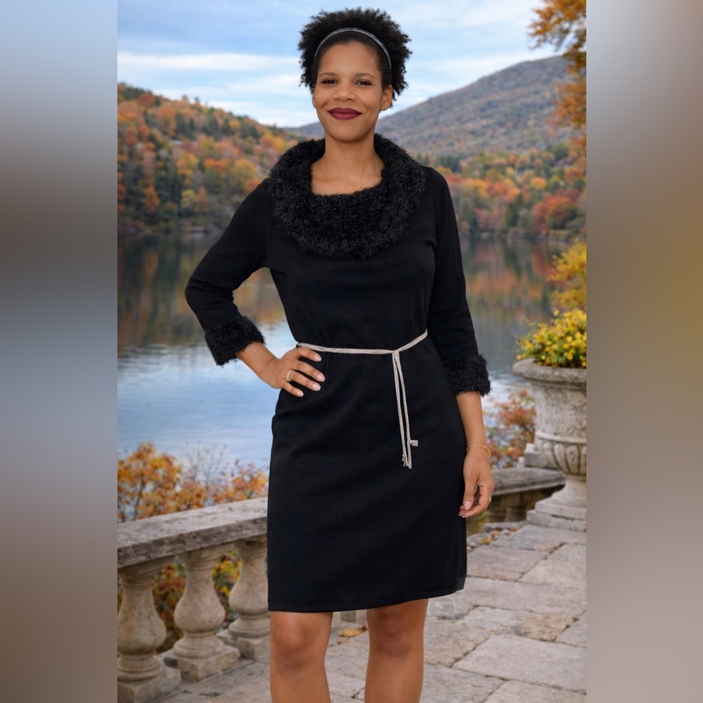 Spense Black Faux Fur Trim Sweater Dress Size MP